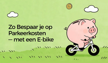 Animatie van een spaarpot die op een Fiido elektrische fiets rijdt.