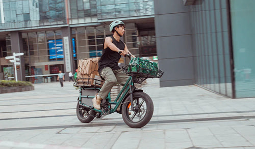 Fiido T2 elektrische fiets, perfect voor het vervoeren van boodschappen in de stad.