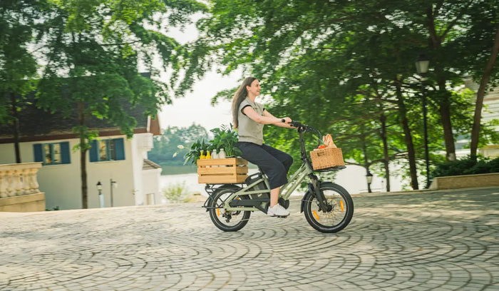 Een vrouw op de Fiido T3 e-bike op de weg