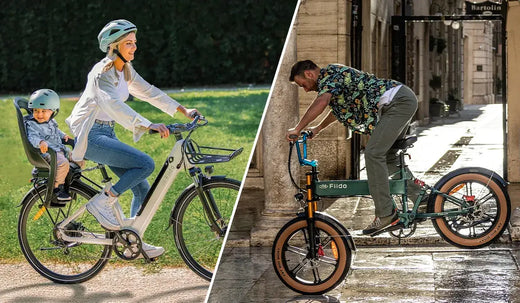 Een vrouw rijdt op een Fiido C11 elektrische fiets met een kind als passagier.