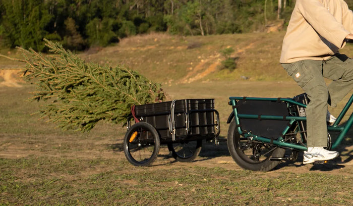 Een man reed op een elektrische Fiido T2 bakfiets met een Fiido-aanhanger erachter.