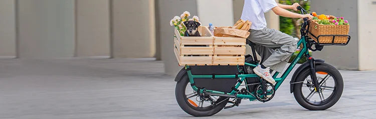 Vrouw gaat winkelen op de elektrische bakfiets Fiido T2