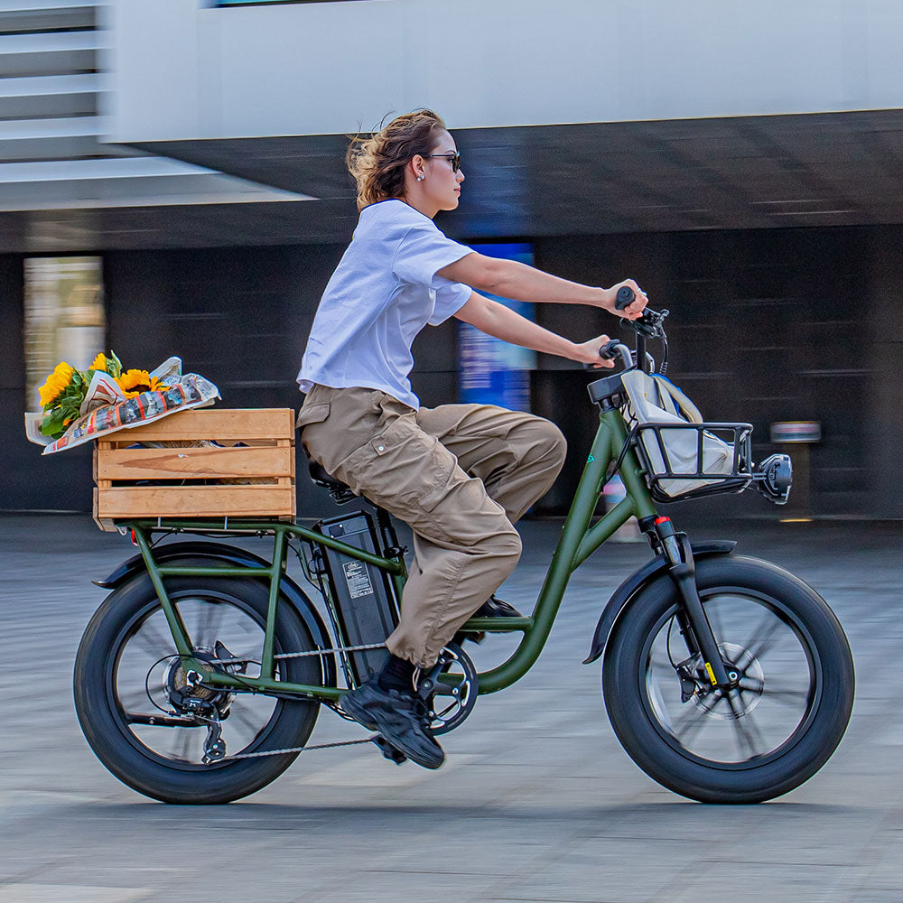 Vrouw Rijdt op Fiido T1 Pro: Krachtige Elektrische Vrachtfiets met Bagagedrager